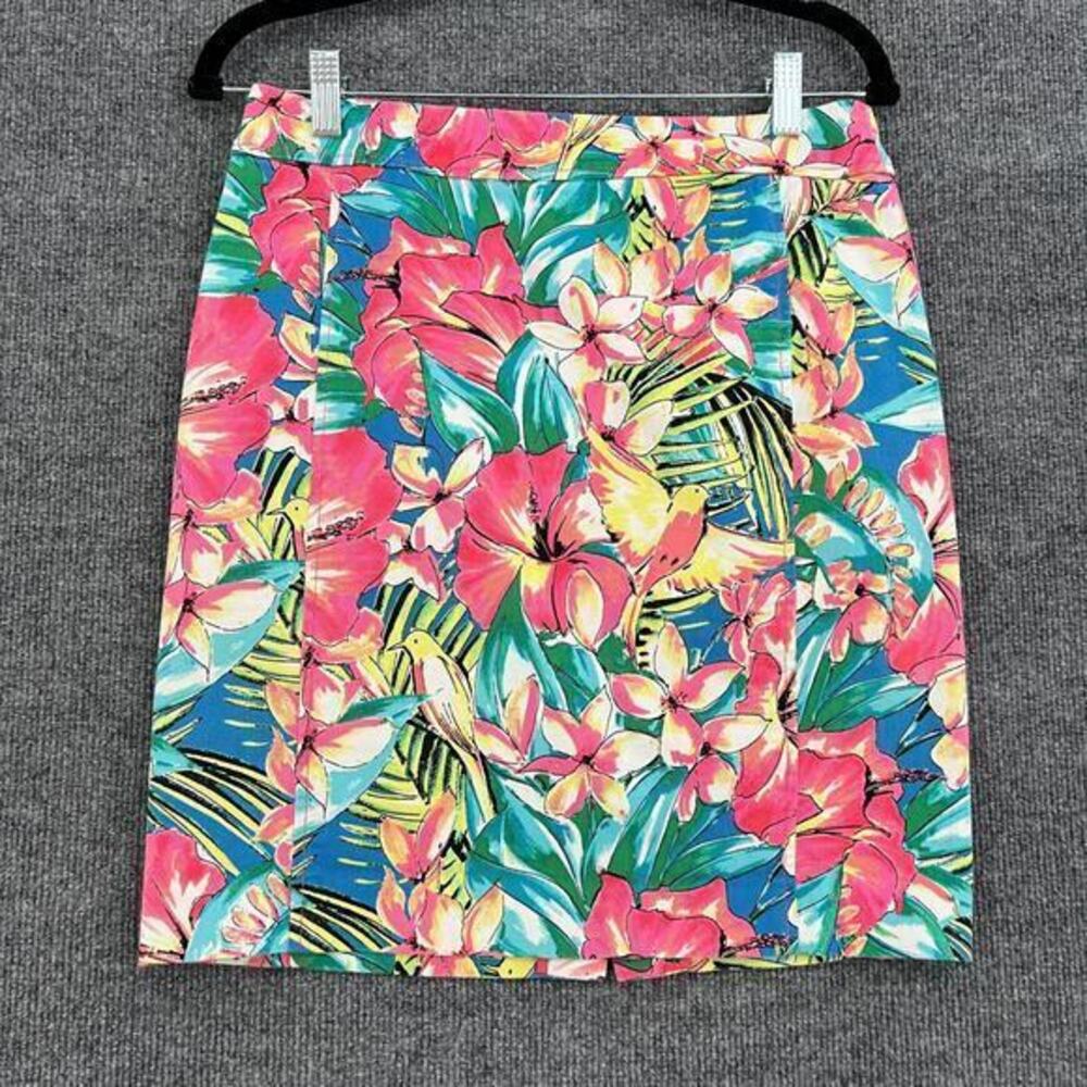 Ann Taylor Loft Floral Denim Pencil Skirt Size 6 Petite Colorful Birds Tropical